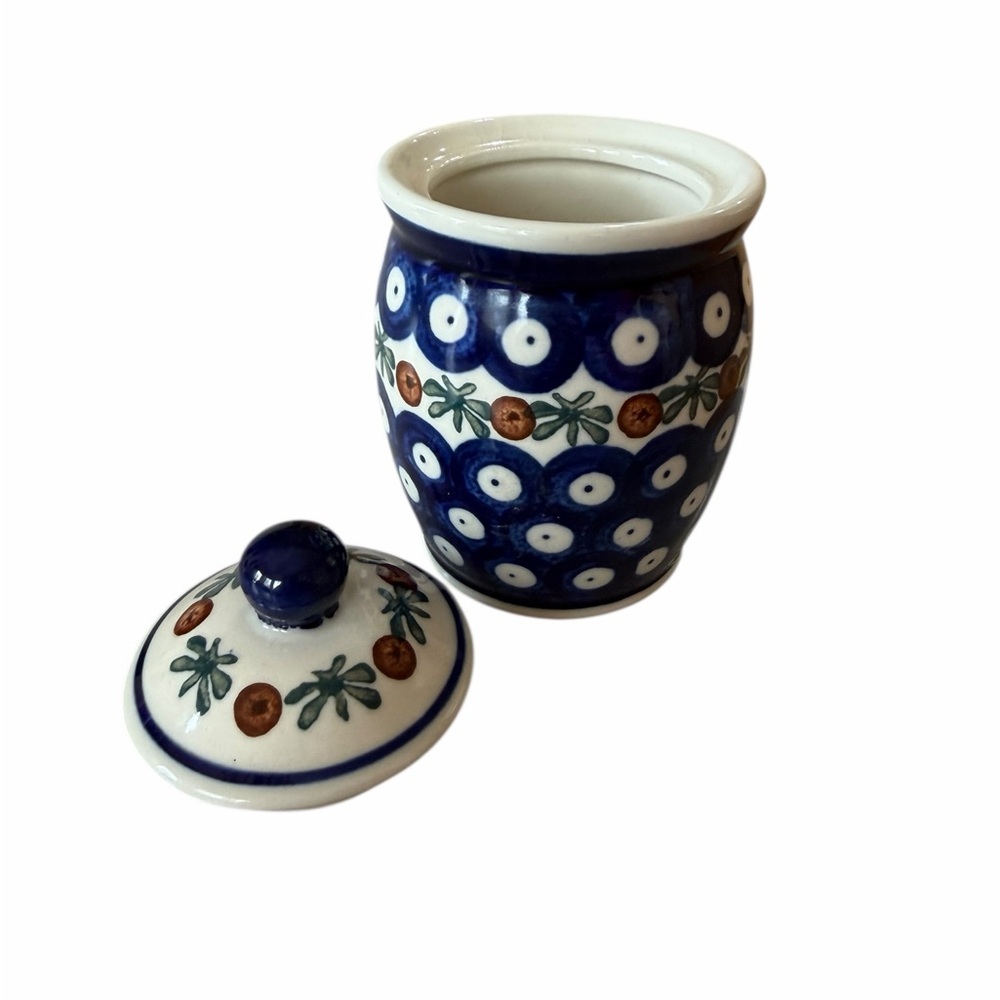 Polish Pottery Mini Ginger Jar Handcrafted Blue Ceramic Jar with Lid Floral 4.5” - Picture 4 of 6